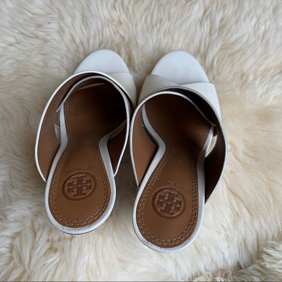 Tory Burch Leather Perspex Wedge Mules Cube Leather Crossover Wedge Sandals - Picture 7 of 16